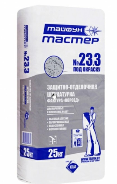 Штукатурка Тайфун-Мастер № 23,3 цементная под окраску финишная с фактурой Короед 3мм (25кг) в #REGION_NAME_DECLINE_PP# - изображение Изображение: штукатурка тайфун-мастер № 23,3 цементная под окраску финишная с фактурой короед 3мм (25кг) в #REGION_NAME_DECLINE_PP#