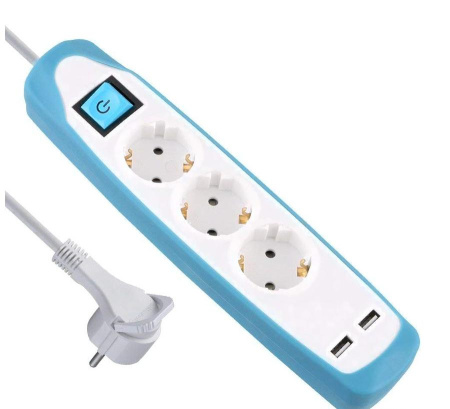 Удлинитель 3Р кабель ПВС 3G1,0 мм 2м с двумя USB разъемами белый/голубой в Минске - изображение Изображение: удлинитель 3р кабель пвс 3g1,0 мм 2м с двумя usb разъемами белый/голубой в Минске